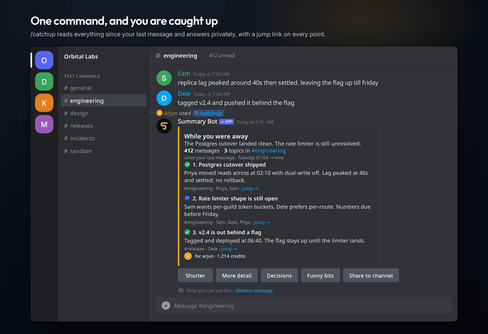A Discord channel where Summary Bot turns 412 unread messages into three linked topics.